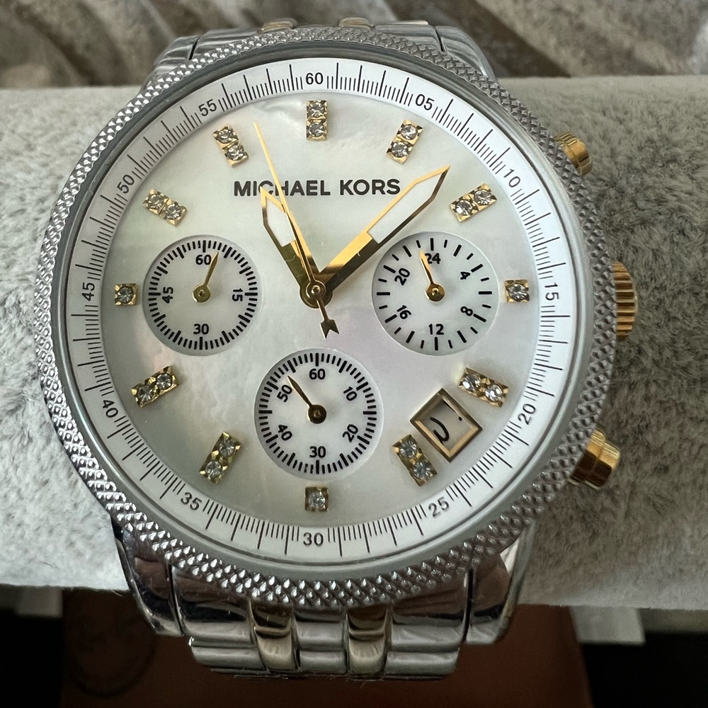 Michael Kors Ladies Gold & Silver Chronograph Watch MK5057 Mother of Pear Face